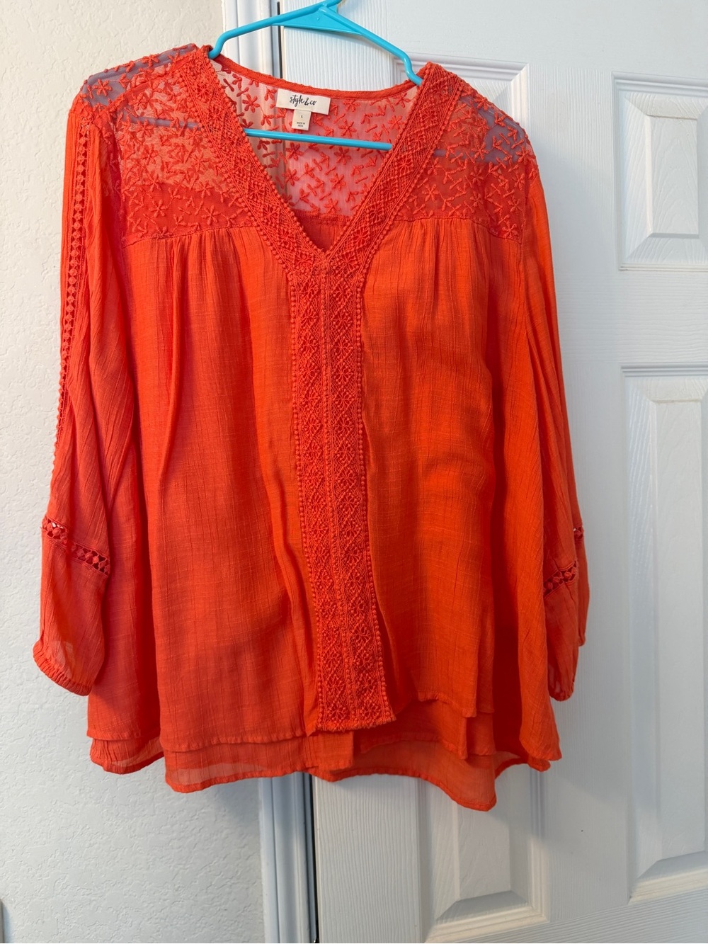 Orange Embroidered V-Neck Peasant Blouse - Women's